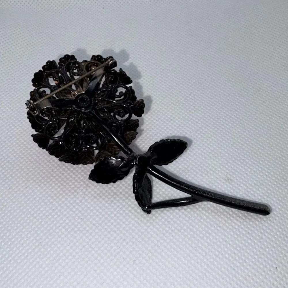 Vintage MCM Flower Power Orange Dahlia Enamel Painted Pot Metal Brooch Pin